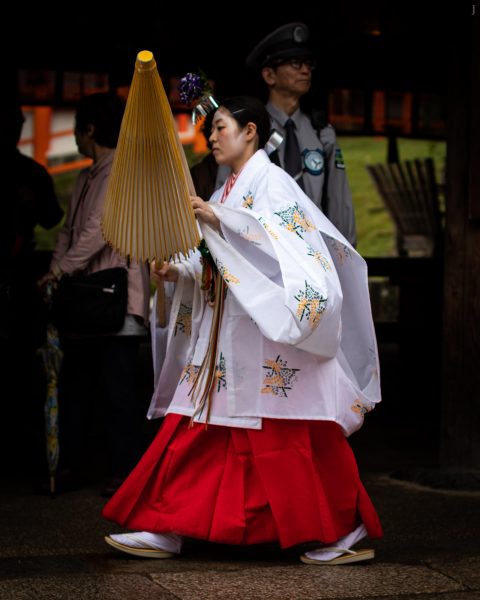 Shrine maiden with umbrella at Kasuga-Taisha-Shrine, Nara, Japan. / J2019, Japan, Kansai, Kioto, Kyoto, 京都, 日本, 関西